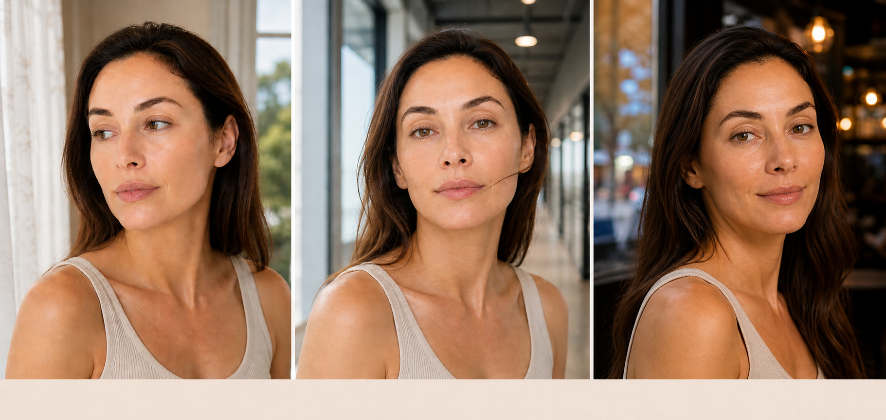 The same woman photographed after application, after four hours and after eight hours