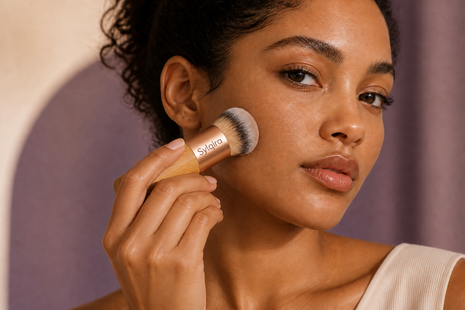 Applying Sylqira BB Blur with the Sylqira brush for a soft-focus finish